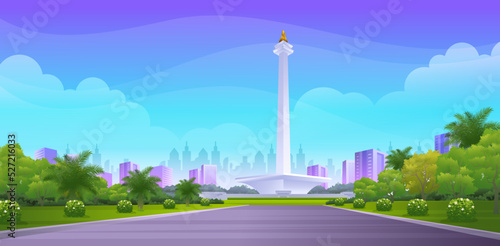Panoramic landscape of Monas, Indonesian monument with Wide walkway, green lawn, bush and trees vector illustration