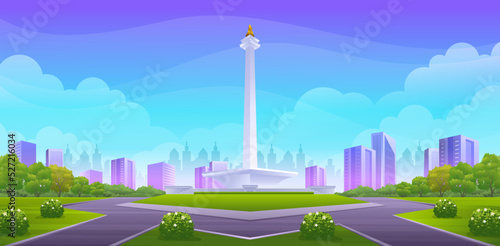 Indonesian Monas, the national monument in Jakarta, with panoramic green park, trees and skyscraper buildings background