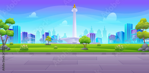 Monas, Indonesian monument in jakarta panoramic view from pavement terrace with beautiful city park skyscraper buildings vector illustrati