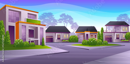Beautiful residential area in a small town with street, green lawn, bush and trees vector illustration