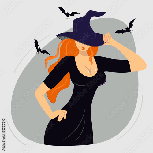 Vector colorful Halloween illustration with mysterious witch girl. The lady in a free position hides under the brim of her hat. Orange and black colors. Design for holiday decoration, cards, posters