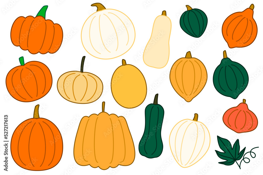 Pumpkin and squash collection for Halloween or thanksgiving design, fall season set, autumn ornament, home decoration, party background, wallpaper art, cute illustration, DIY craft, cool food vector Pumpkin and squash collection for Halloween or thanksgiving design, fall season set, autumn ornament, home decoration, party background, wallpaper art, cute illustration, DIY craft, cool food vector