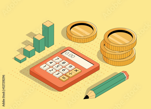 Isometric calculator with coins and pencil