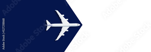 Flat lay design of travel concept with plane on blue runway back