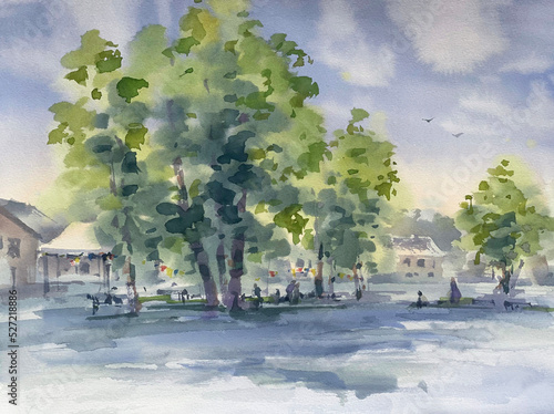 Zagare city square in summer watercolor background photo