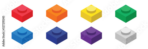 Set of colorful children brick toy isometric 1x1. Children brick block toy vector design illustration isolated on white background. Plastic building brick toy flat design. Square brick toy