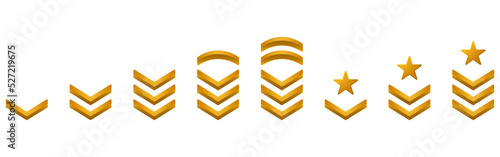 Chevron Stripes Badge Gold Symbol. Military Insignia Soldier Sergeant, General, Major, Officer, Lieutenant, Colonel Patch Emblem. Army Rank Golden Logo. Isolated Vector Illustration