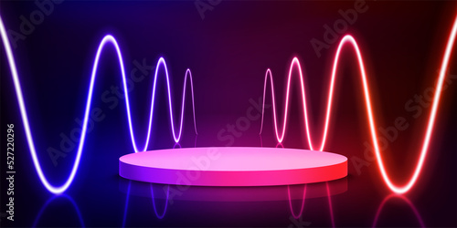 Illuminated interior with empty stage and red neon lights. 3d vector illustration photo