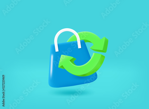 Shopping bag with arrows. Cash back concept. 3d vector illustration