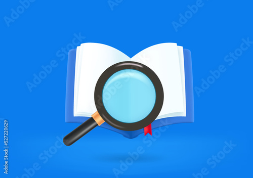 Searching for information concept with magnifIer and book. 3d vector illustration