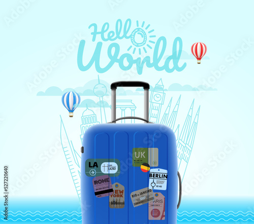 Season travel concept with suitcase and silhouettes of buildings. 3d vector illustration