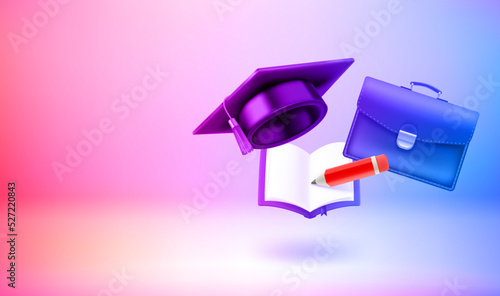 Graruation cap with school bag and book with pencil. 3D vector banner with copy space
