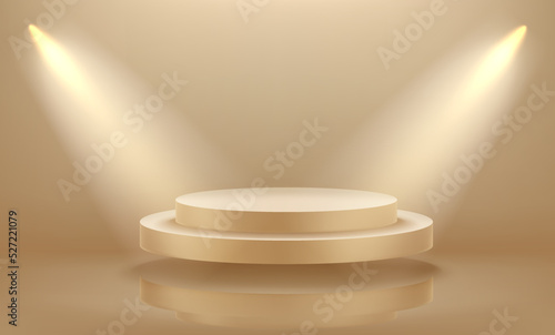 Gold empty interior illuminated with projectors with levitated platform. 3d vector 