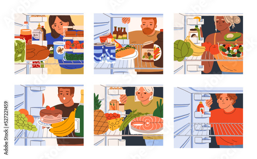 People look for food in fridge set, inside view. Hungry characters check refrigerators with different products, nutrition, choose eating. Flat graphic vector illustration isolated on white background
