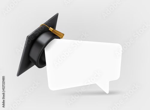 Black graduation cap with blank speech cloud. 3d vector icon isolated on white background