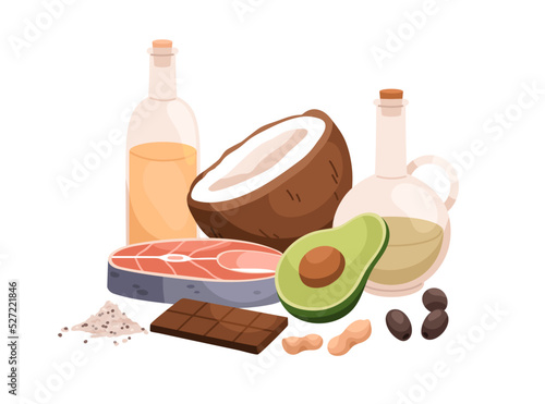 Healthy fats in food products. Omega rich nutritions. Olive oil, avocado, salmon fish, nuts, coconut composition. Different wholesome nutrients, eating. Flat vector illustration isolated on white