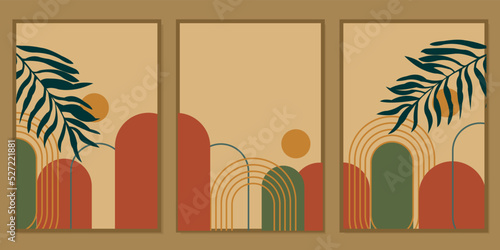 set of geometric wall decor designs with silhouette palm leaf pattern. aesthetic background