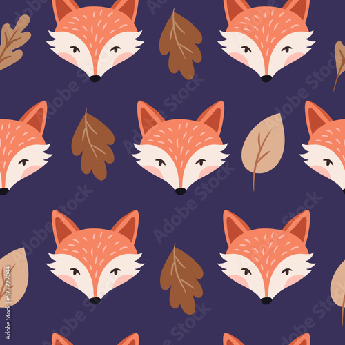 Autumn cozy seamless pattern with fox and leaves