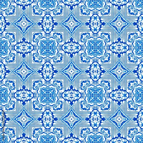 Blue white watercolor azulejos tile background. Seamless coastal geometric floral mosaic effect. Ornamental arabesque all over summer fashion damask repeat