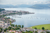 A view of Gourock and Gourock Bay on the Firth of Clyde, seen from the viewpoint on Lyle Hill, Greenock, Inverclyde, Scotland.