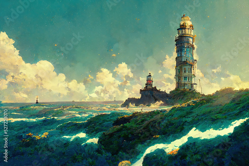 Wallpaper Mural Sea and Lighthouse. Storm Lightning and Dark Cloud.  Fantasy Backdrop. Concept Art. Realistic Illustration. Video Game Background. Digital Book Painting. CG Scenery Artwork. Serious Painting.  
 Torontodigital.ca