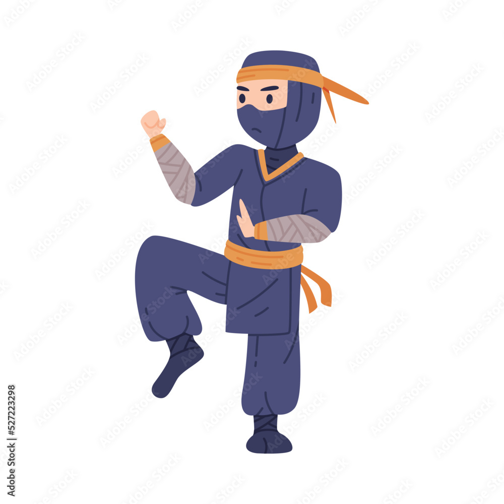 Ninja or Shinobi Character as Japanese Covert Agent or Mercenary in Shozoku Disguise Costume in Fighting Pose Vector Illustration