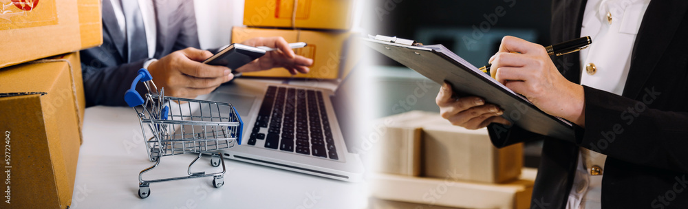 Startup small business entrepreneur or freelance Asian woman using a laptop with box, Young success Asian woman with her hand lift up, online marketing packaging box and delivery, SME concept. Startup small business entrepreneur or freelance Asian woman using a laptop with box, Young success Asian woman with her hand lift up, online marketing packaging box and delivery, SME concept.