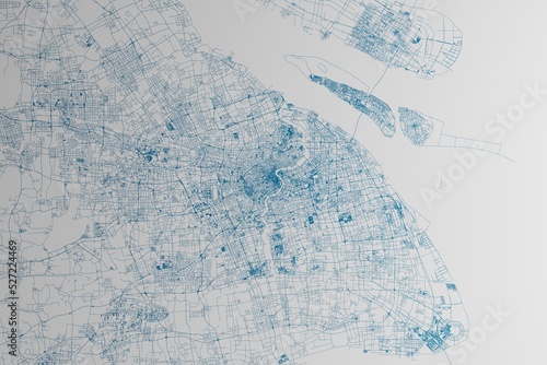 Photography Map of the streets of Shanghai (China) made with blue lines on white paper