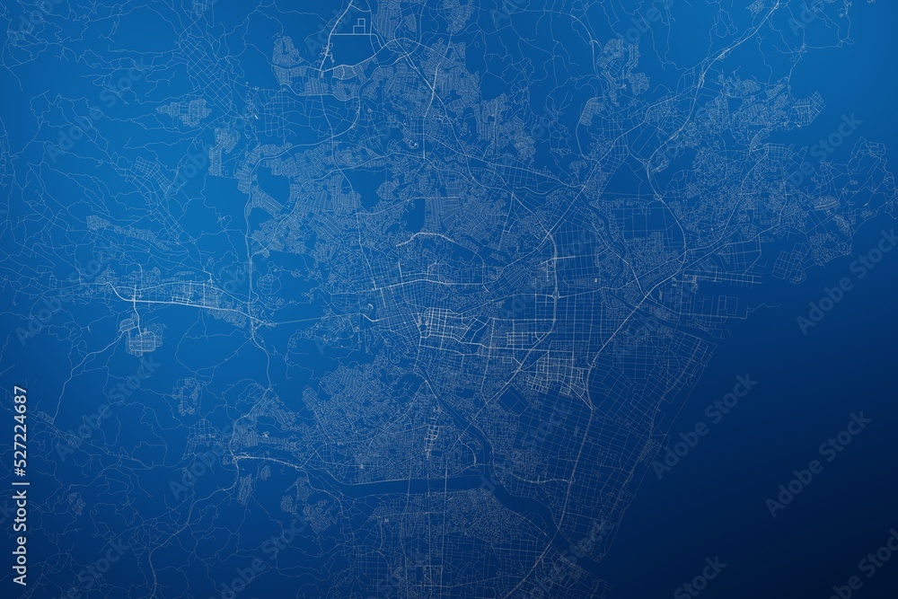 Stylized map of the streets of Sendai (Japan) made with white lines on abstract blue background lit by two lights. Top view. 3d render, illustration Stylized map of the streets of Sendai (Japan) made with white lines on abstract blue background lit by two lights. Top view. 3d render, illustration
