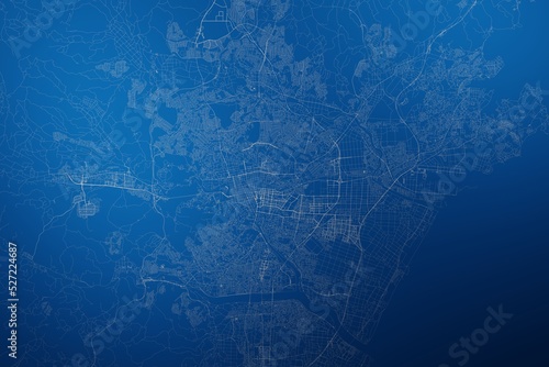 Stylized map of the streets of Sendai (Japan) made with white lines on abstract blue background lit by two lights. Top view. 3d render, illustration