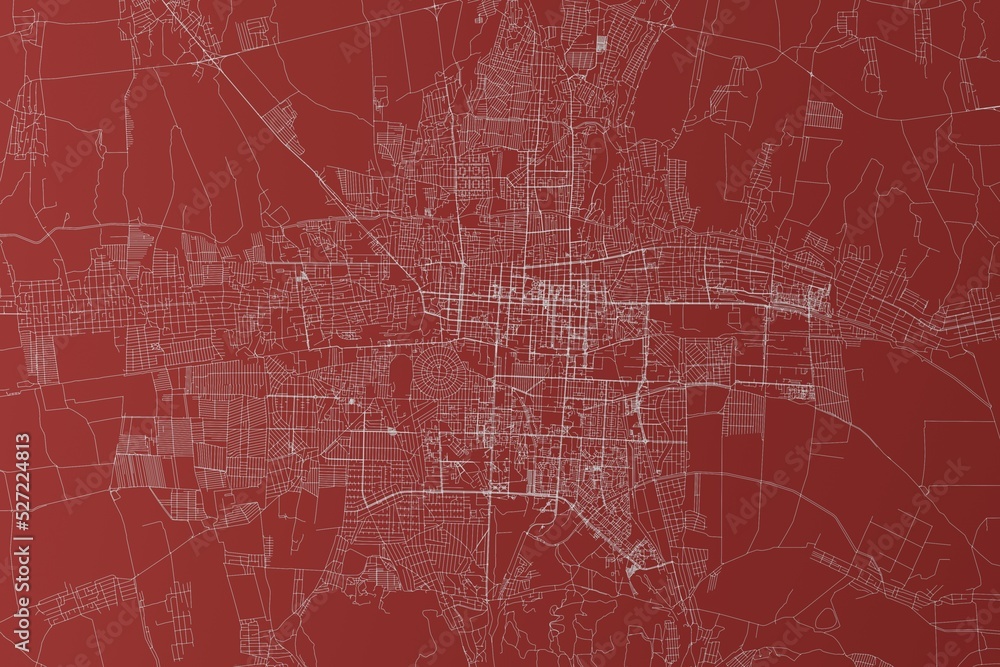 Map of the streets of Bishkek (Kyrgyzstan) made with white lines on red background. Top view. 3d render, illustration
