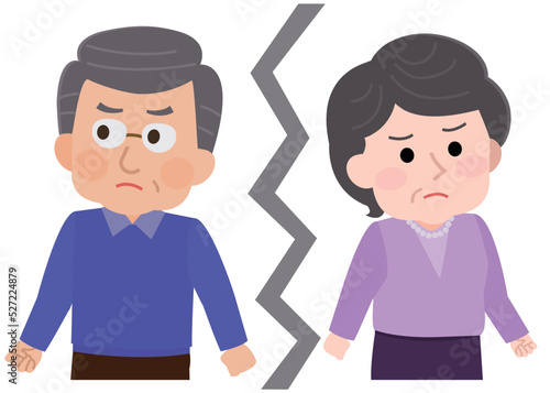 熟年離婚する夫婦　不仲な年配の男女　イラスト