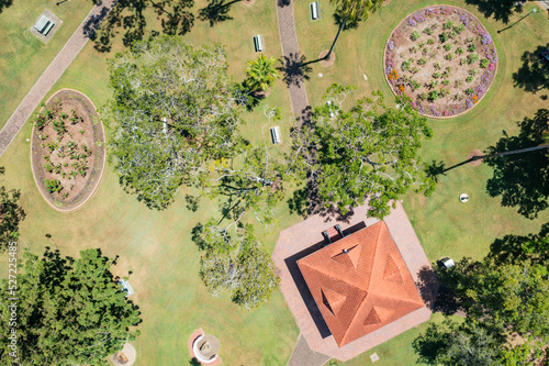 Aerial view of a town park with garden beds and rotunda photo