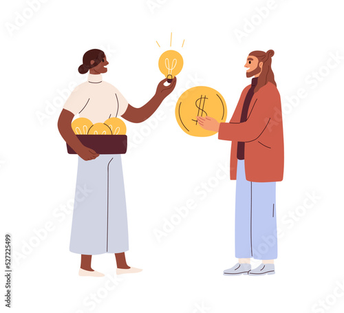 Money for idea exchange. Creative business concept. Investment in creativity, startup. Buying innovation, paying for solution, lightbulb. Flat vector illustration isolated on white background