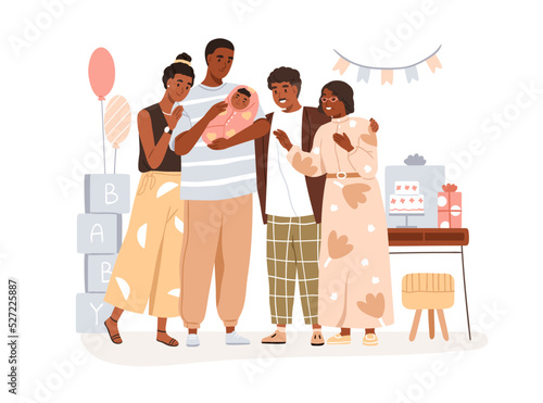 Baby shower party with parents and grandparents. Happy Latin American family celebrates infant birth, arrival, welcoming newborn kid. Flat graphic vector illustration isolated on white background
