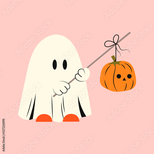 Halloween ghost with pumpkin. Kawaii phantom in white clothes and stick. Kawaii monster mystical drawing concept. Flat vector illustration isolated with pumpkins and holiday elements.