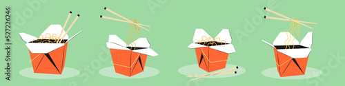 Ramen noodles in a wok box. Red package with wooden sticks. Asian ramen soup illustration. Traditional udon in a paper bag for takeaway. Vector flat illustration