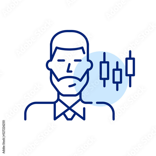 Trading broker. Young professional man wearing tie and shirt. Pixel perfect, editable stroke line art icon © yasnaten