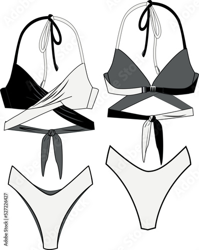 cross bikini set, black white halternect detail swimwear