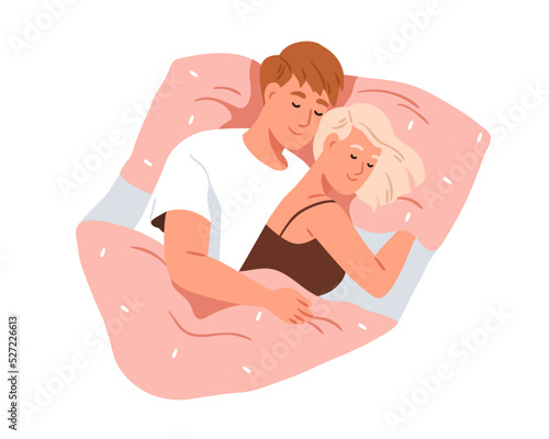 Love couple dreaming together in bed. Asleep people, romantic partners. Husband hugging wife in sleep. Man and woman lovers under blanket. Flat vector illustration isolated on white background