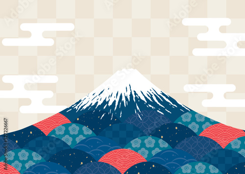 赤と青の波の和柄の富士山