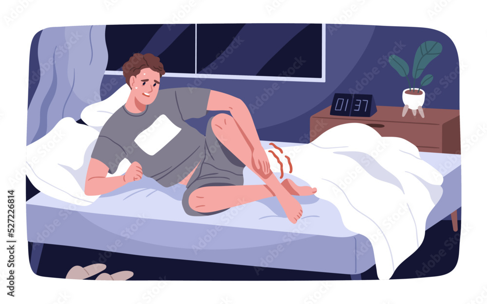Leg pain, muscle cramp at night. Person awaking in bed with acute ache