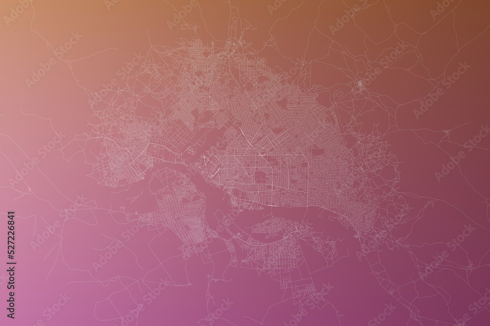 Obraz premium Map of the streets of N'Djamena (Chad) made with white lines on pinkish red gradient background. Top view. 3d render, illustration