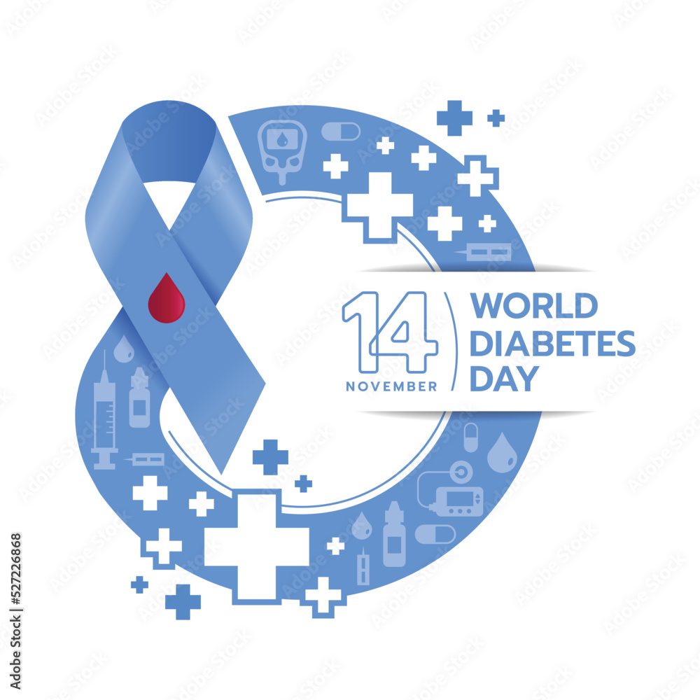 world diabetes day - red drop blood buttons on blue ribbon are roll made  blue ring circle symbol with cross sign and icons about diabetes texture  vector design Stock-vektor | Adobe Stock