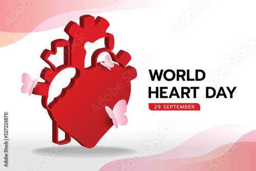 world heart day - 3d red human heart shape sign with soft pink butterfly around vector design