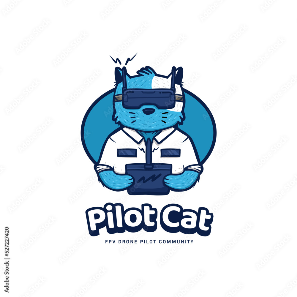 Pilot cat fpv drone pilot community logo icon with blue cat mascot cartoon character Pilot cat fpv drone pilot community logo icon with blue cat mascot cartoon character