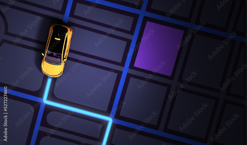 taxi cab online internet service transportation concept yellow taxi on gps map 3d render illustration