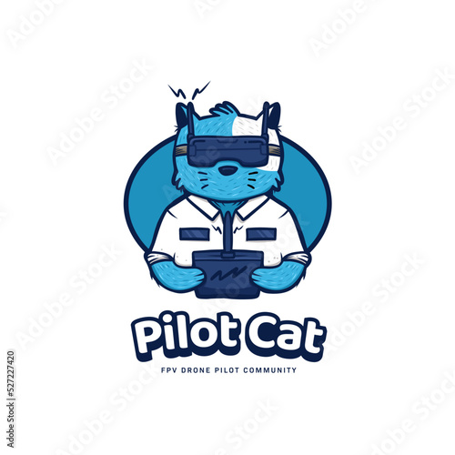 Pilot cat fpv drone pilot community logo icon with blue cat mascot cartoon character
