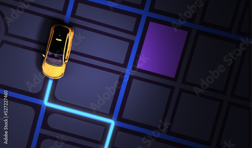 taxi cab online internet service transportation concept  yellow taxi on gps map 3d render illustration