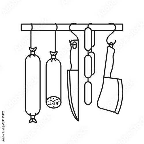 Salami sausages and knives hanging from rail line icon vector illustration
